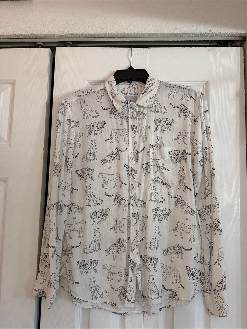 Rails White Button-Down Shirt with Black Cat/Tiger Print